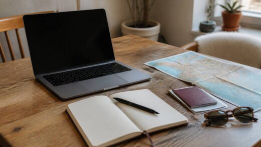 Reisvoorbereiding met laptop, notitieboek en kaart op tafel