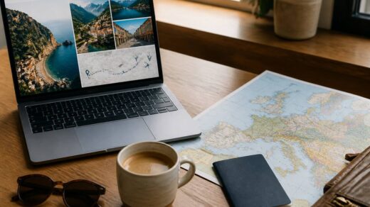 Reisplanning met laptop, kaart en vakantiebenodigdheden op tafel