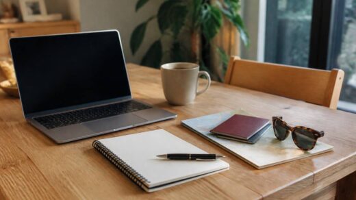 Vakantieplanning met laptop, notitieboek en reisdocumenten op tafel
