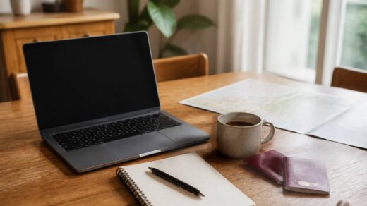 Laptop en notitieboekje met reisplanning op een tafel