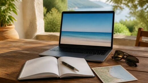 Notitieboek en kaart op tafel tijdens het plannen van een vakantie