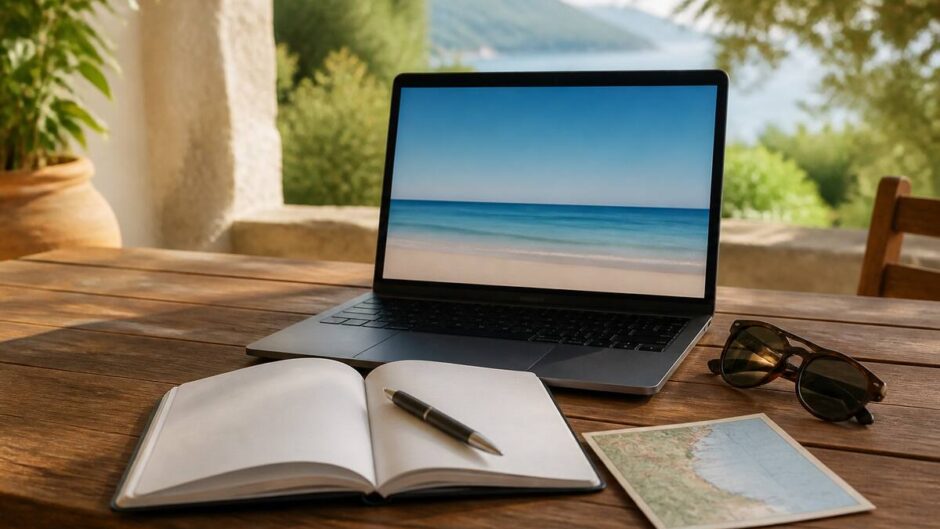 Notitieboek en kaart op tafel tijdens het plannen van een vakantie