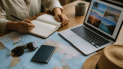 Reiziger maakt een praktische checklist voor het kiezen van een vakantie