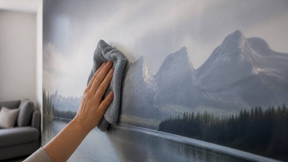 Iemand reinigt fotobehang voorzichtig met een microvezeldoek in zacht daglicht