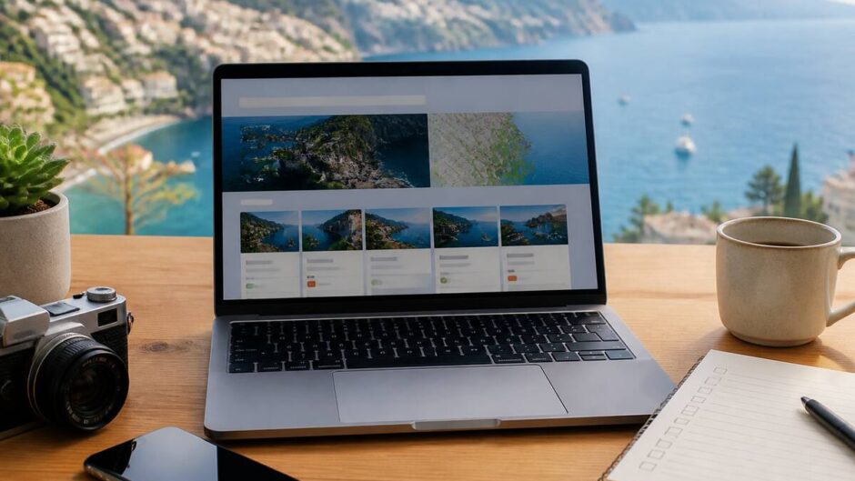 Reisvergelijking op een bureau met laptop en notitieboekje, klaar om vakanties te vergelijken