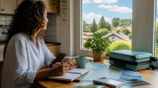 Iemand die vakantieopties vergelijkt aan een keukentafel met reisnotities en een smartphone.