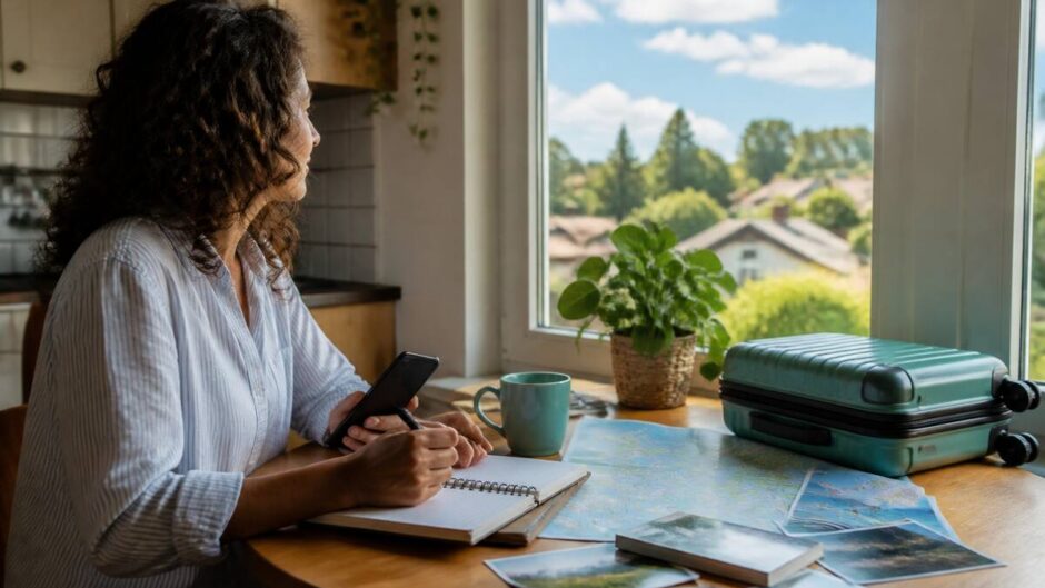 Iemand die vakantieopties vergelijkt aan een keukentafel met reisnotities en een smartphone.