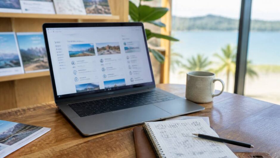 Reisplanningsdetails op een bureau met laptop en notitieboekje, ideaal voor vakantievergelijking