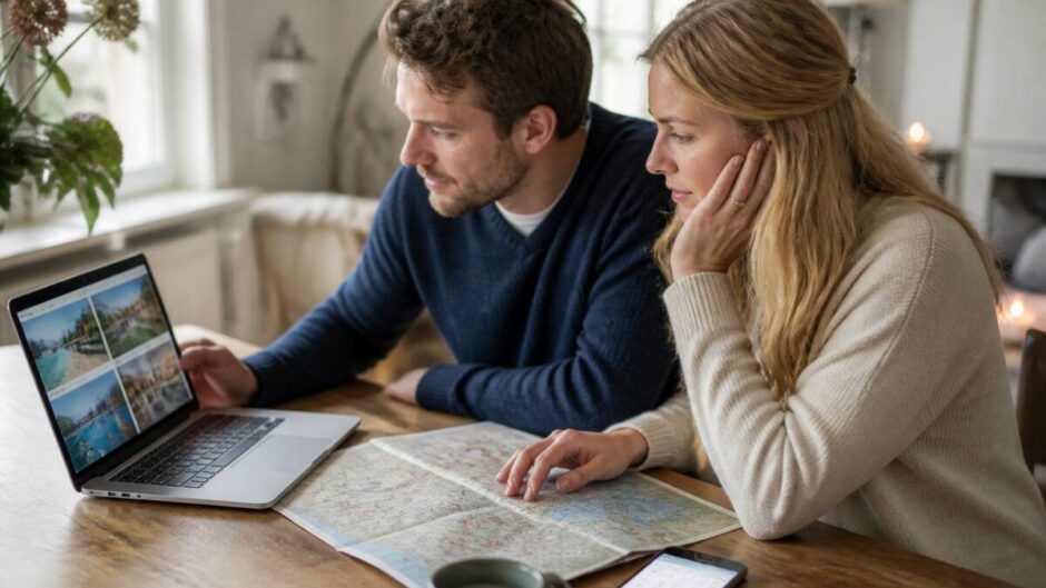 Een koppel bekijkt reisopties en vergelijkt vakanties aan tafel