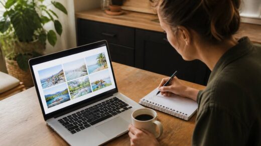 Vakanties vergelijken met een checklist aan tafel met laptop en notitieblok