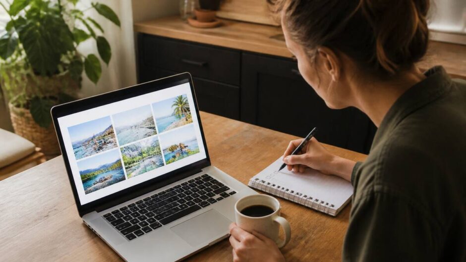 Vakanties vergelijken met een checklist aan tafel met laptop en notitieblok