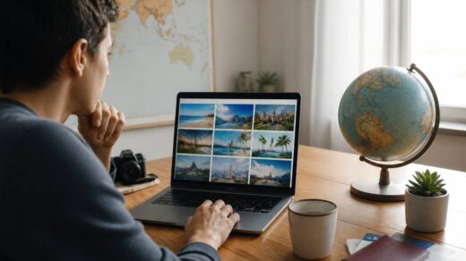 Persoon die thuis op een laptop vakantieopties vergelijkt
