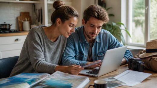 Stel dat aan tafel vakanties bekijkt op laptop met reisgidsen