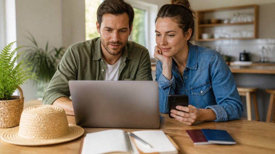 Stel vergelijkt vakanties op een laptop met een notitieboekje voor een checklist