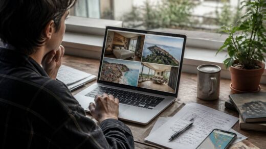 Een reiziger die vakanties vergelijkt op een laptop met reisnotities en een telefoon met kaart