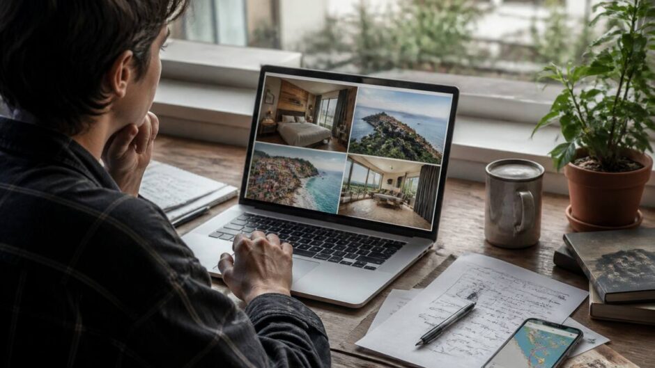Een reiziger die vakanties vergelijkt op een laptop met reisnotities en een telefoon met kaart