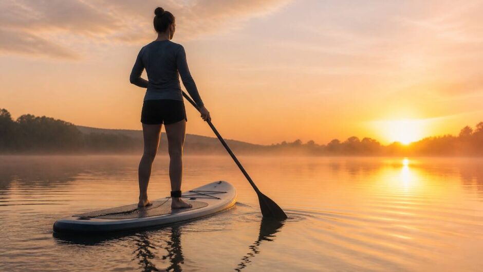 Een persoon die rustig peddelt op een supboard op kalm water bij zonsopgang