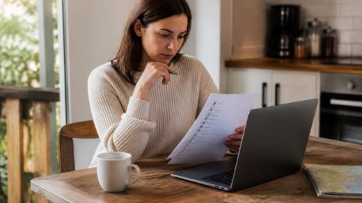 Iemand die een reischecklist vergelijkt op een laptop aan tafel