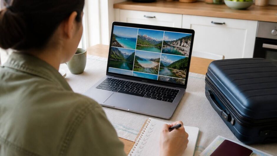 Checklist voor het vergelijken van vakanties op tafel met laptop, paspoort en notitieboekje.